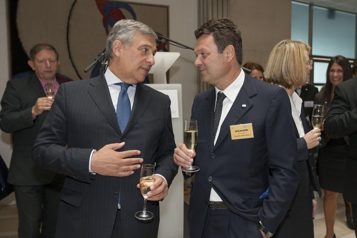 EU Commission Vice President Antonio Tajani and GSA Executive Director Carlo des Dorides toast to the success of Galileo after cutting the ribbon to open the new GSA Prague offices.
