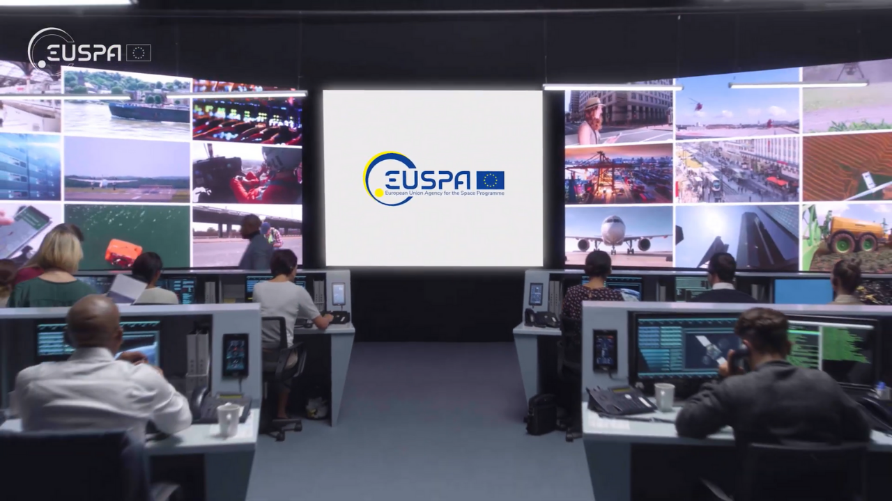 Office with EUSPA logo on a screen