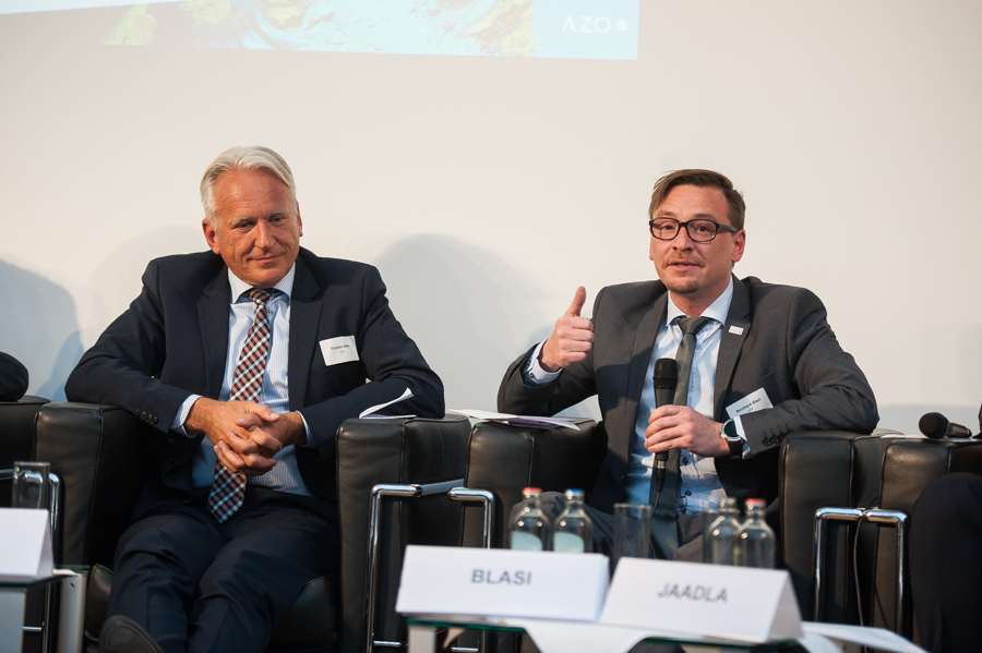 GSA Market Development Officer, Reinhard Blasi (right), at the 2017 Satellite Masters opening event panel with Thomas Beer, from the ESA Copernicus Space Office.