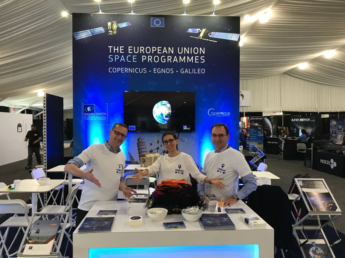 The EU Space Programmes stand team present Galileo, EGNSOS and Copernicus at the 34th Space Symposium