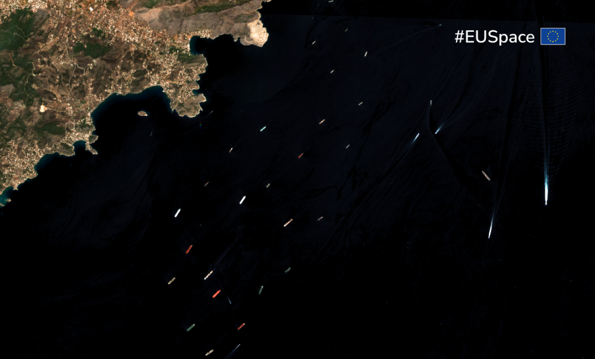 Commercial vessels queuing outside the port of Piraeus, Greece as seen from Copernicus Sentinel-2