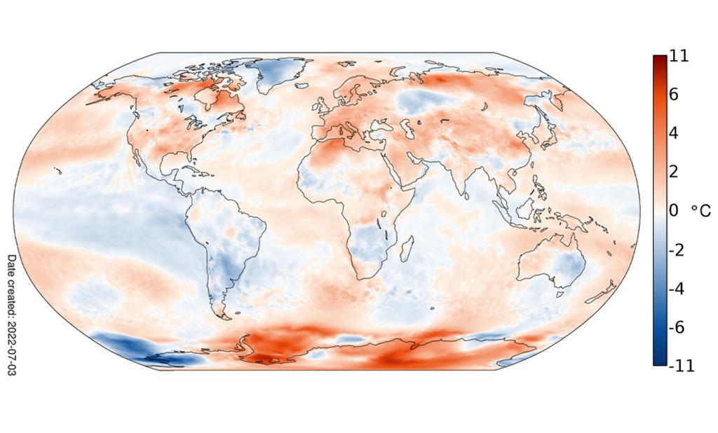 Surface air temperature anomaly for June 2022 relative to the June average for the period 1991-2020. Data source: ERA5. Credit: Copernicus Climate Change Service/ECMWF. Surface air temperature anomaly for June 2022 relative to the June average for the period 1991-2020. Data source: ERA5. Credit: Copernicus Climate Change Service/ECMWF.