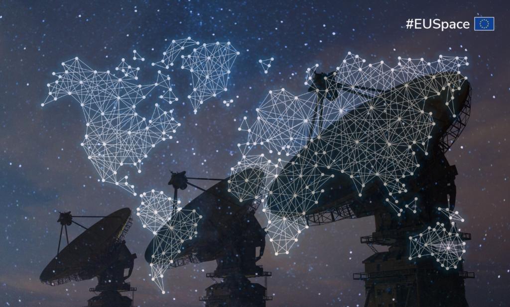 Pooling the services, capacities and resources of government and commercial providers, GOVSATCOM will serve as a one stop secure SatCom shop for authorised governmental users. Satellite antennas superposed by worldwide map interconnected