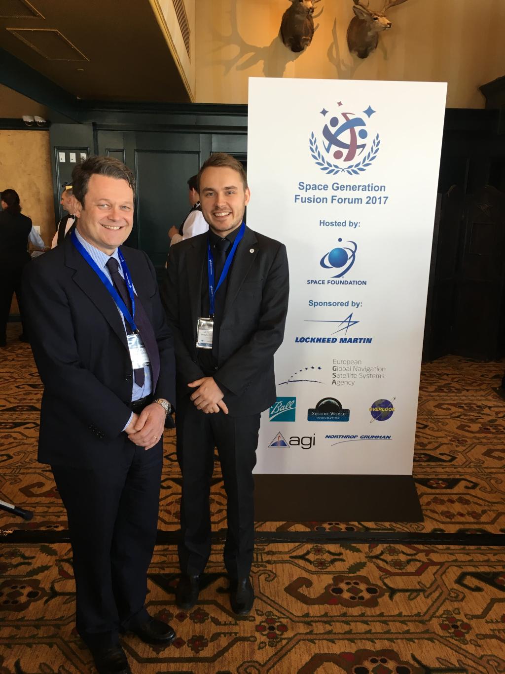 GSA Executive Director Carlos des Dorides presents prize to Andreas Winther Rousing, the winner of the newly founded GSA scholarship “Young GSA – New Navigation Horizons" at the 2017 Space Generation Fusion Forum.