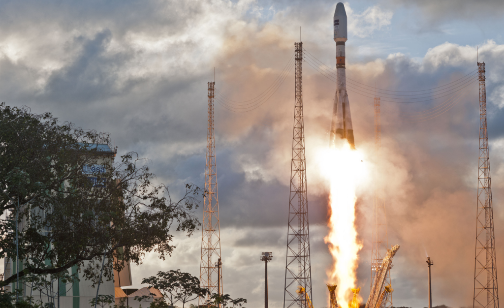A Soyuz rocket carrying the first two Galileo operational satellites. A Soyuz rocket carrying the first two Galileo operational satellites.