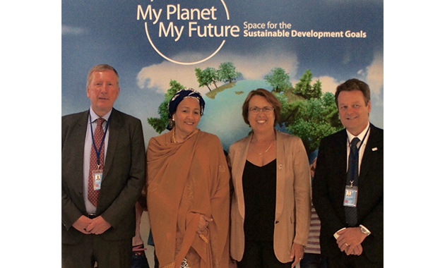 EC Deputy Director General Pierre Delsaux, UN Deputy Secretary General Amina Mohammed, UNOOSA Director Simonetta Di Pippo  and GSA Executive Director Carlo des Dorides at the My Planet, My Future exhibition in New York