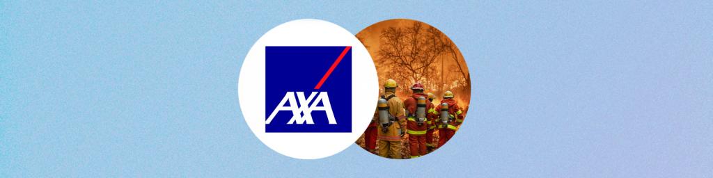 Two overlapping circles on a blue background — one shows the AXA logo on a white background, the other shows  and the right circle shows a group of firefighters in full gear facing a forest fire.