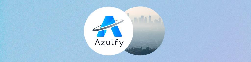 Two overlapping circles on a blue background — one shows the Azulfy logo on a white background, the other shows a hazy city skyline with high-rise buildings in the distance.
