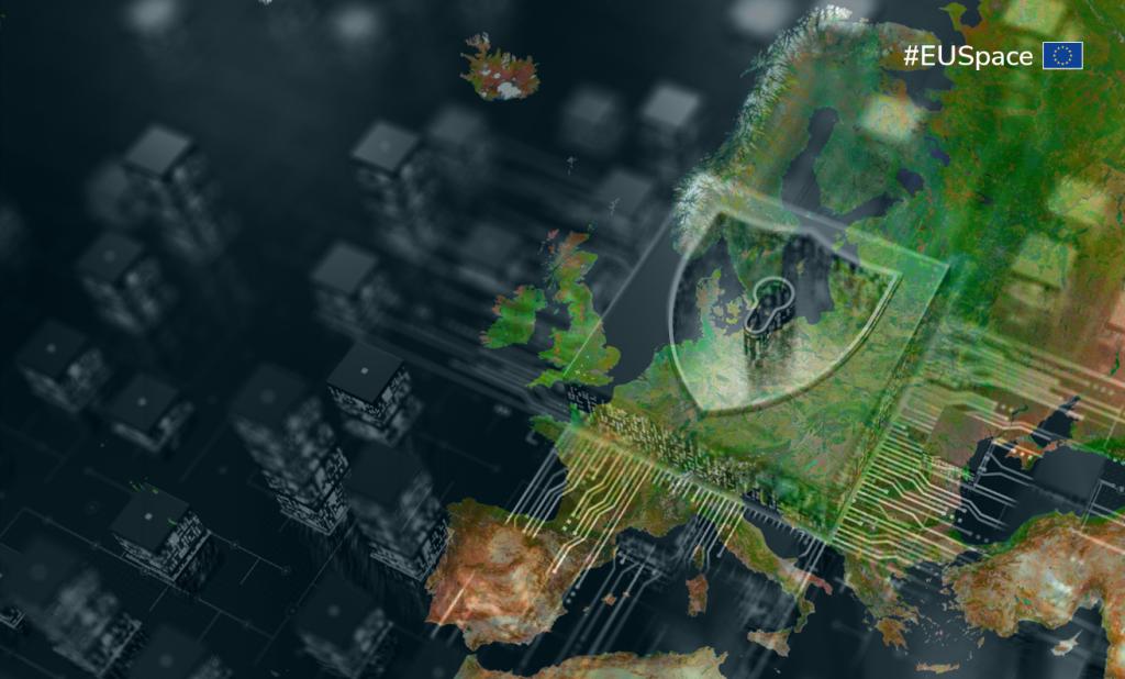 Digital map of Europe with a security shield graphic and #EUSpace label.