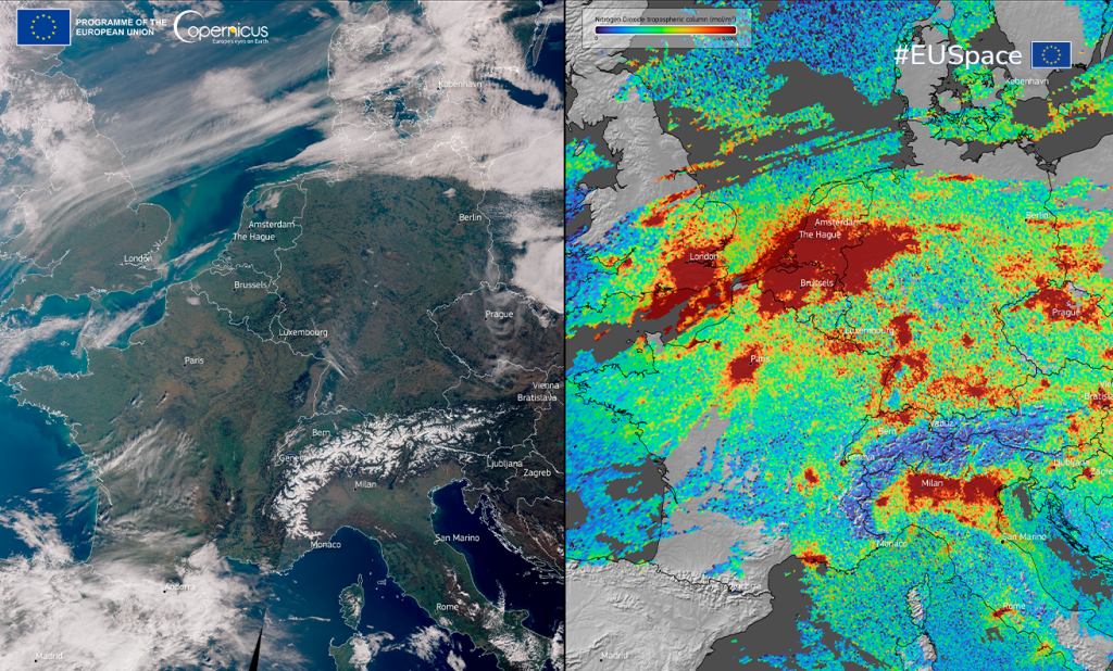 Data acquired by the Copernicus Sentinel-5P satellite on 3 March 2025, highlighting nitrogen dioxide (NO₂) concentrations.