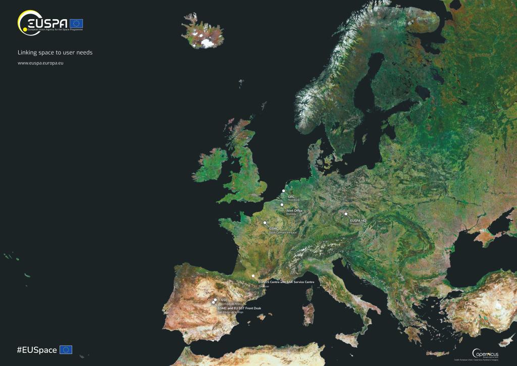 EUSPA Posters_Copernicus image of Europe with EUSPA locations
