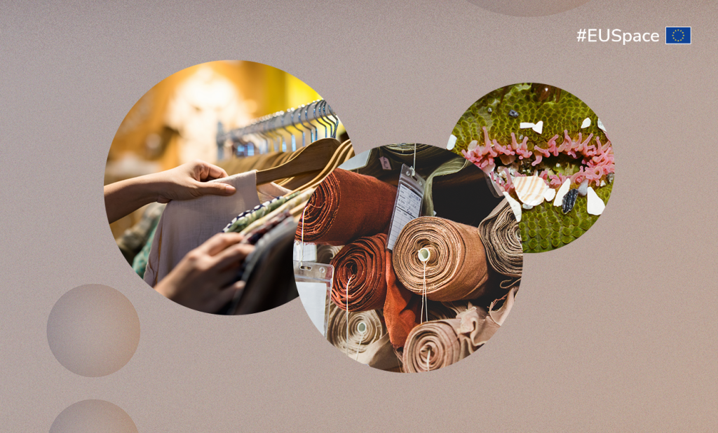 Three overlapping circles showing clothing on hangers, fabric rolls, and a close-up natural texture, with “#EUSpace” and the EU logo in the corner.