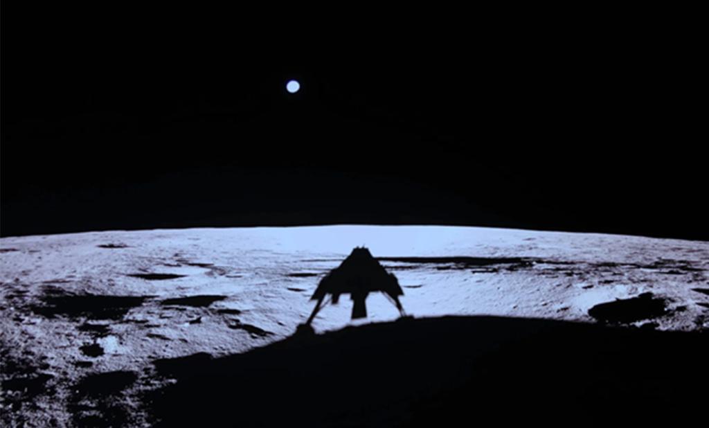 The Blue Ghost 1 lander silhouetted against the lunar surface after touching down on the Moon, with Earth visible in the dark sky above.