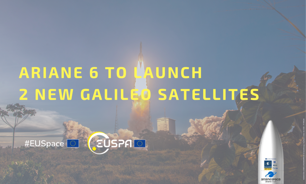Ariane 6 rocket launching into the sky with text announcing the launch of two new Galileo satellites.