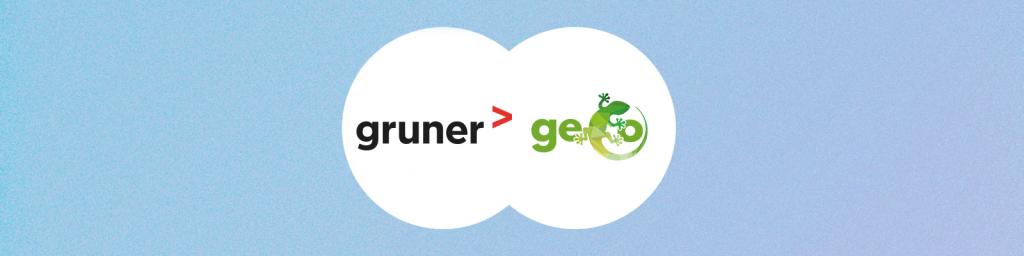 Two overlapping circles on a blue background — one shows the Gruner Stucky logo on a white background, the other shows the GECOSistema logo on a white background.