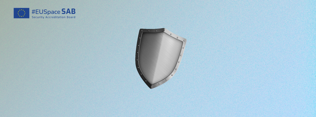 EU Space SAB logo and a metallic shield symbol representing security and protection, on a light blue gradient background.