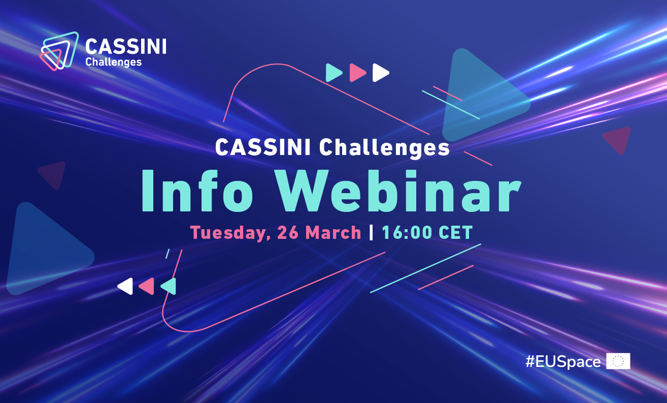 blue background banner with text: CASSINI Challenges Info Webinar 26 March 16:00 CET