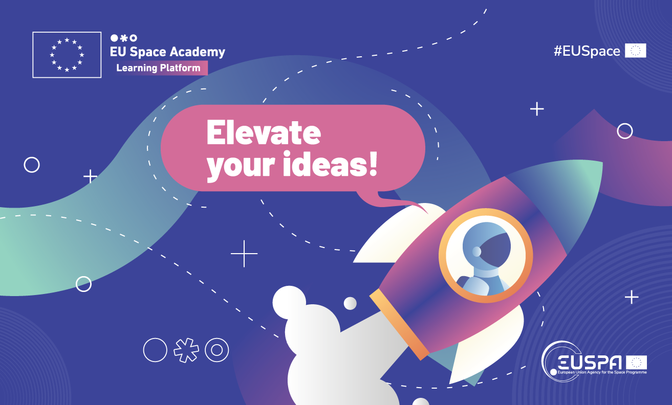 Blue banner with a rocket cartoon and pink dialog box reading: Elevate your ideas!