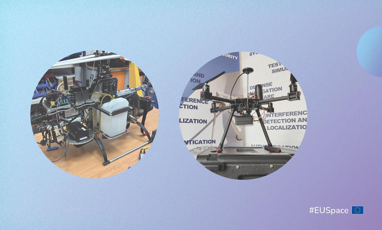 light blue/purple background with two round images showing a drone each