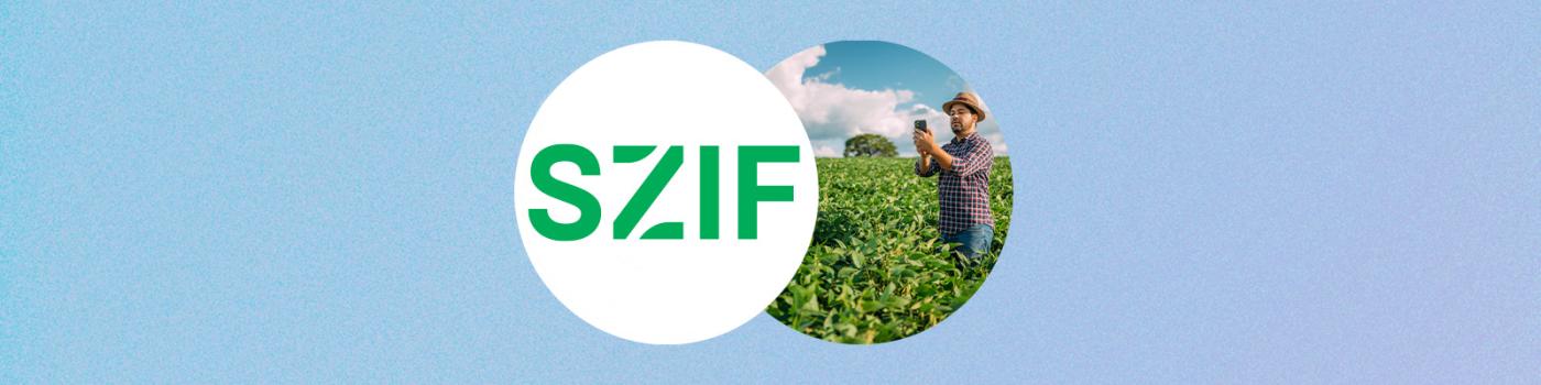 Two overlapping circles on a blue background: one showing SZIF logo, the other showing a man in a field taking a photo
