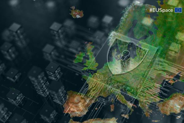 Digital map of Europe with a security shield graphic and #EUSpace label.
