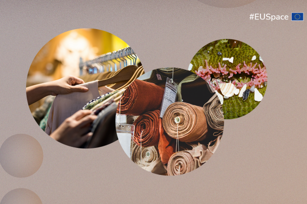 Three overlapping circles showing clothing on hangers, fabric rolls, and a close-up natural texture, with “#EUSpace” and the EU logo in the corner.