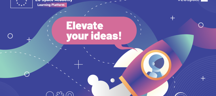 Blue banner with a rocket cartoon and pink dialog box reading: Elevate your ideas!