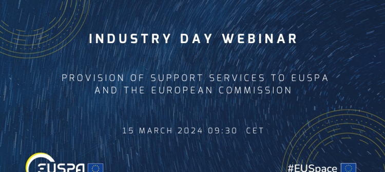 dark blue banner with white text announcing EUSPA Industry Day:  Provision of support services to EUSPA and the European Commission webinar