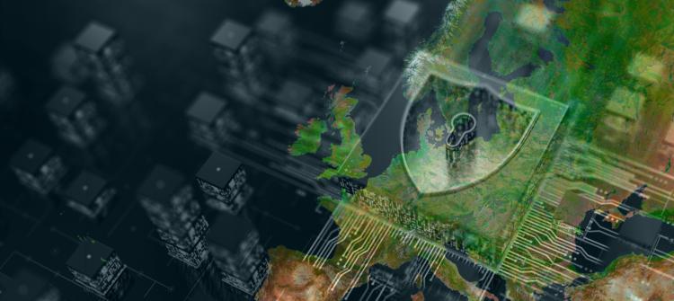 Digital map of Europe with a security shield graphic and #EUSpace label.