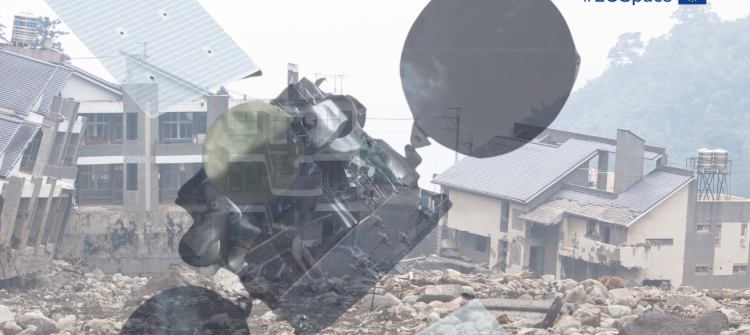 ruined houses with GOVSATCOM satellite superposed