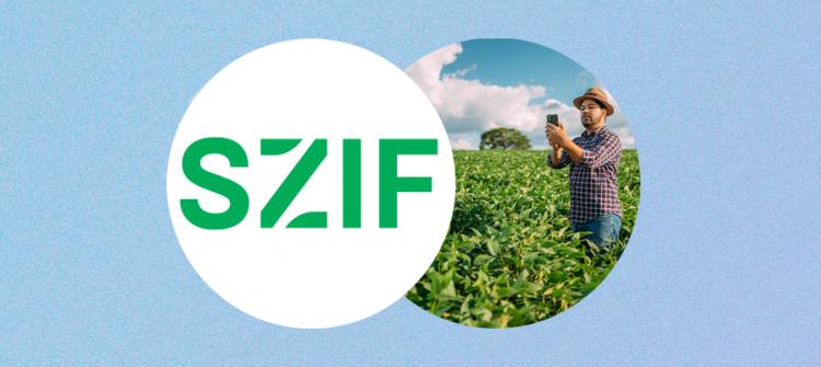 Two overlapping circles on a blue background: one showing SZIF logo, the other showing a man in a field taking a photo