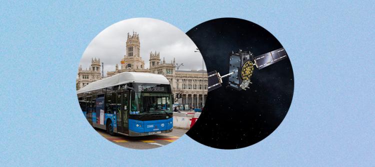 Two overlapping circles on a blue background: one showing a city bus, the other showing the Galileo satellite.