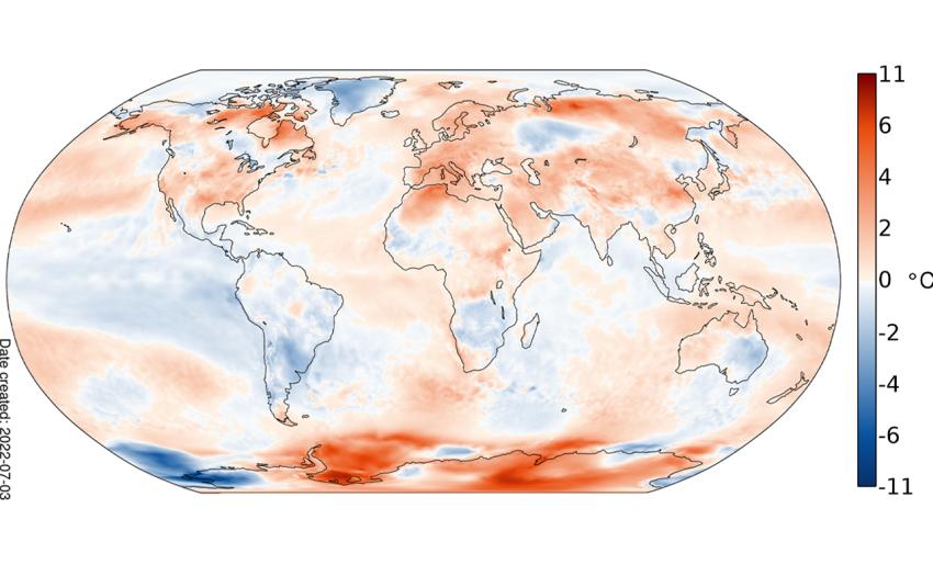 Surface air temperature anomaly for June 2022 relative to the June average for the period 1991-2020. Data source: ERA5. Credit: Copernicus Climate Change Service/ECMWF. 