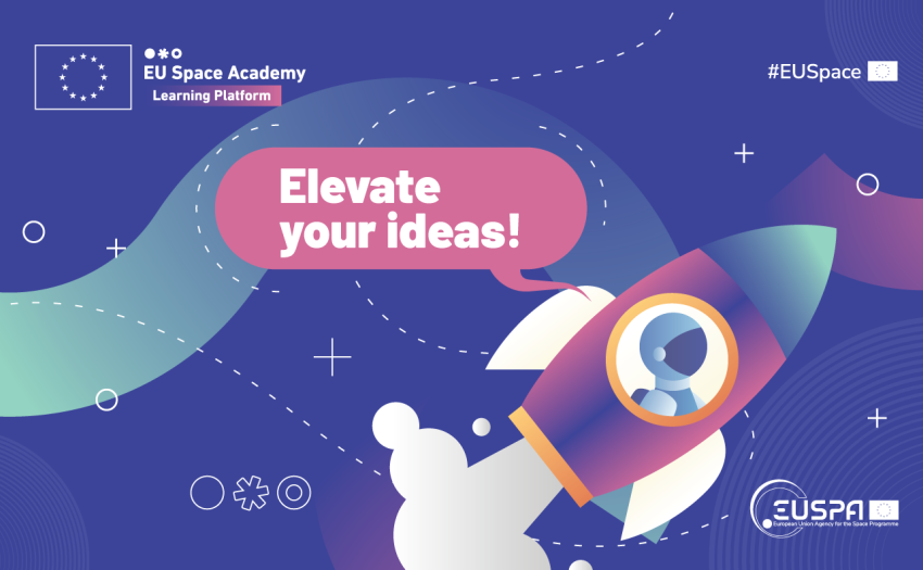 Blue banner with a rocket cartoon and pink dialog box reading: Elevate your ideas!