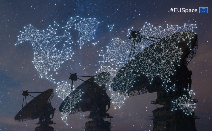 Satellite antennas superposed by worldwide map interconnected