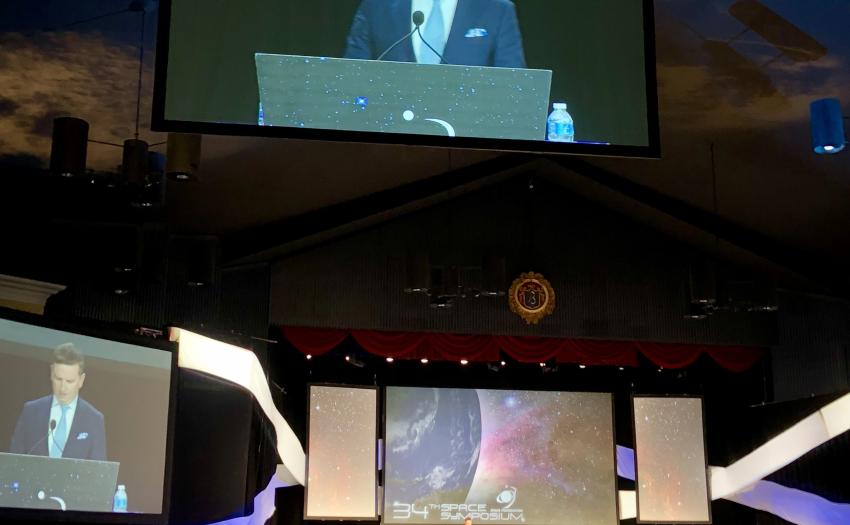 Tomasz Husak delivers his keynote address at the 34th Space Symposium (April 17, 2018 in Colorado Springs, Colorado, U.S.A). 