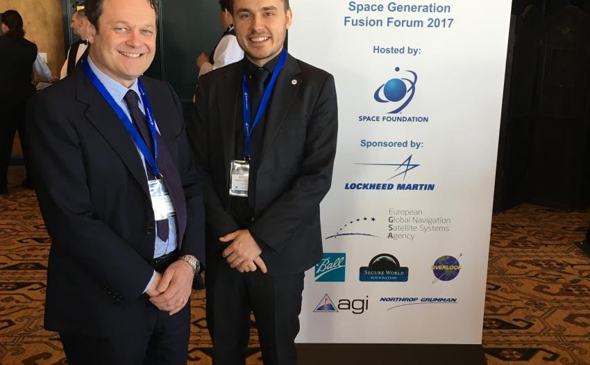 GSA Executive Director Carlos des Dorides presents prize to Andreas Winther Rousing, the winner of the newly founded GSA scholarship “Young GSA – New Navigation Horizons" at the 2017 Space Generation Fusion Forum.
