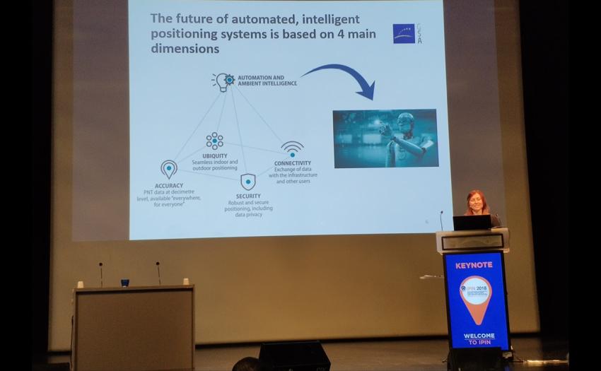 The GSA’s Justyna Redelkiewicz delivering a keynote address at the IPIN 2018 indoor positioning and navigation conference