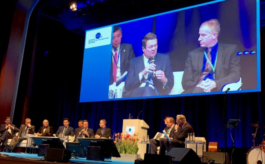 Panel members (l-r) Mattias Petschke, Jan Woerner, Pascale Ehrenfreund, Jia Peng, Carlo des Dorides, David Comby and Oleg Kem, with moderator Claus Kruesken at the opening plenary.