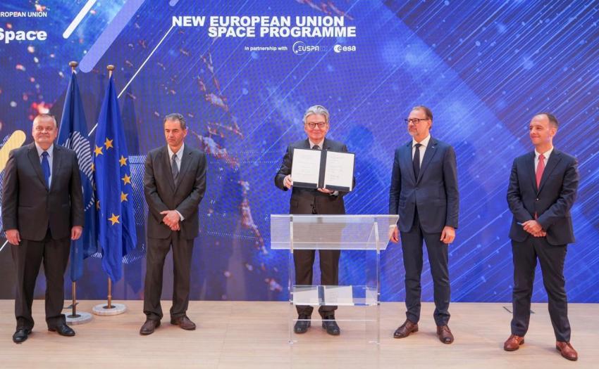 DG DEFIS Director General, Timo Pesonen, Minister for Science, Technology and Higher Education, Manuel Heitor, Commissioner for Internal Market, Thierry Breton, ESA Director General Josef Aschbacher and EUSPA Executive Director, Rodrigo da Costa.