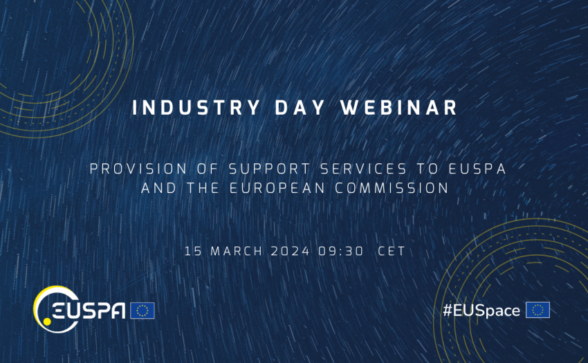 dark blue banner with white text announcing EUSPA Industry Day:  Provision of support services to EUSPA and the European Commission webinar