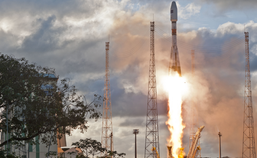 A Soyuz rocket carrying the first two Galileo operational satellites.