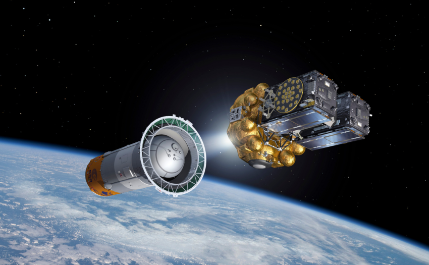 Galileo satellites attached to their dispenser atop their Fregat upper stage separating from the Soyuz upper stage. The Fregat then flies them the rest of the way up to medium-Earth orbit. (Credits: ESA–Pierre Carril, 2014)