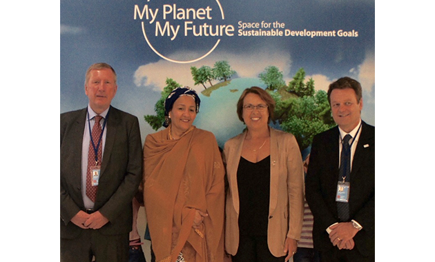 EC Deputy Director General Pierre Delsaux, UN Deputy Secretary General Amina Mohammed, UNOOSA Director Simonetta Di Pippo  and GSA Executive Director Carlo des Dorides at the My Planet, My Future exhibition in New York