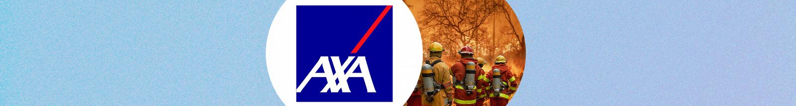 Two overlapping circles on a blue background — one shows the AXA logo on a white background, the other shows  and the right circle shows a group of firefighters in full gear facing a forest fire.