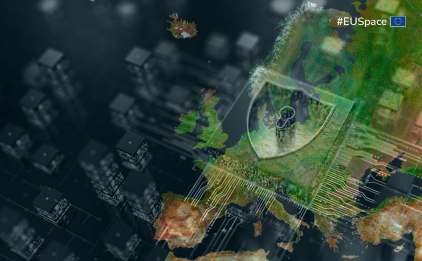 Digital map of Europe with a security shield graphic and #EUSpace label.