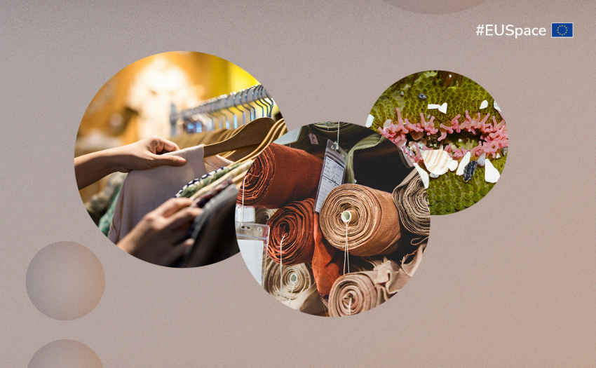 Three overlapping circles showing clothing on hangers, fabric rolls, and a close-up natural texture, with “#EUSpace” and the EU logo in the corner.