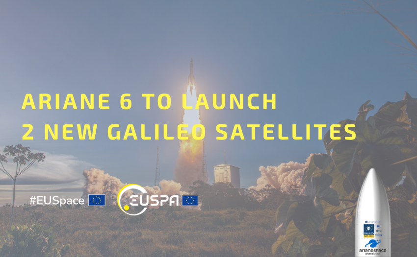 Ariane 6 rocket launching into the sky with text announcing the launch of two new Galileo satellites.