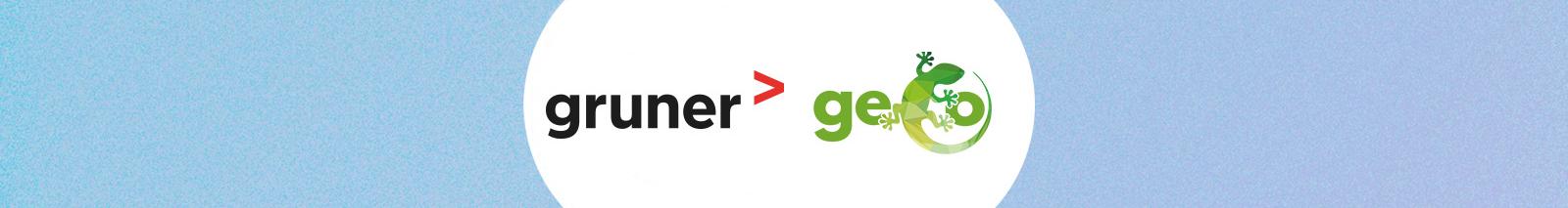 Two overlapping circles on a blue background — one shows the Gruner Stucky logo on a white background, the other shows the GECOSistema logo on a white background.