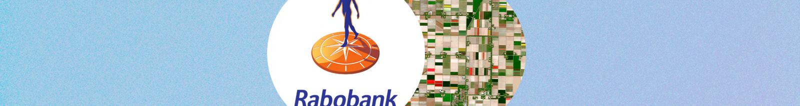 Two overlapping circles on a blue background — one shows the Rabobank logo featuring a human figure standing on an orange compass, with the text 'Rabobank' below. The right circle shows an aerial view of colorful, geometric agricultural fields, representing farmland.
